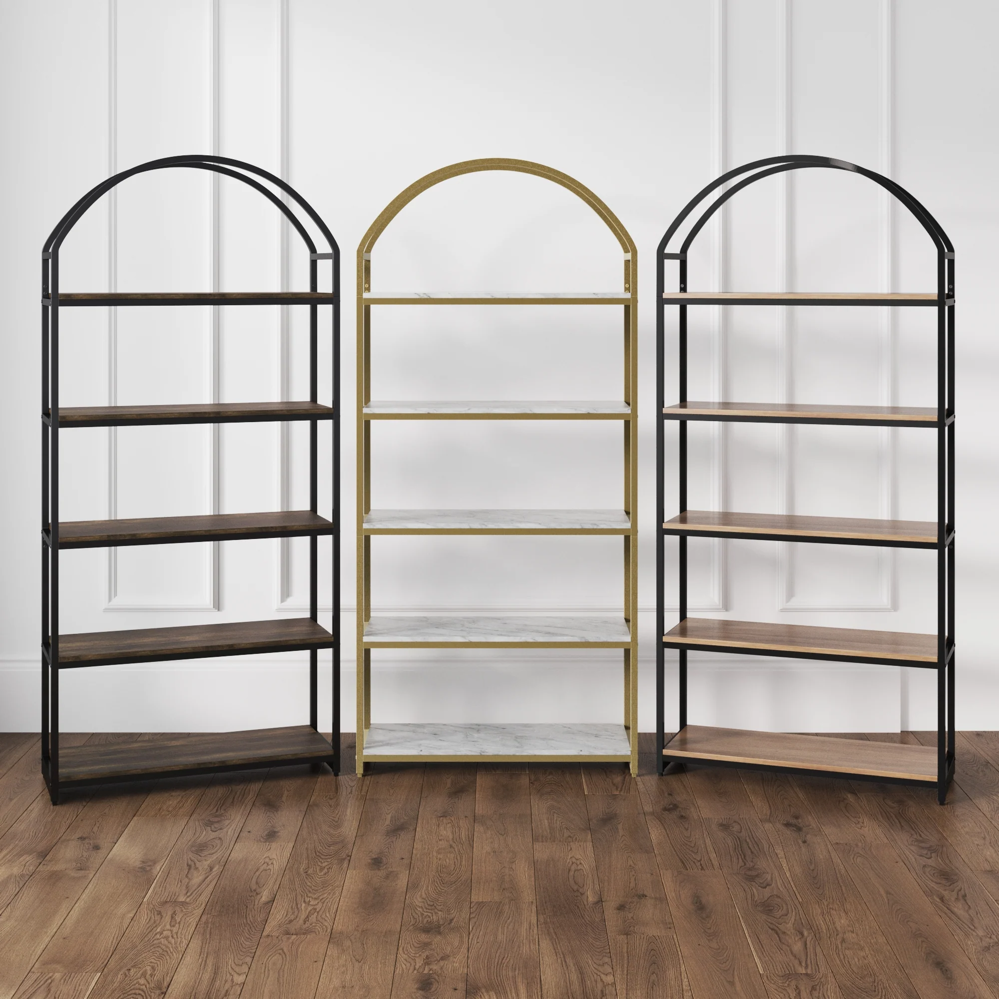 Wood & Metal 5-Shelf Arched Bookshelf Black - Image 3