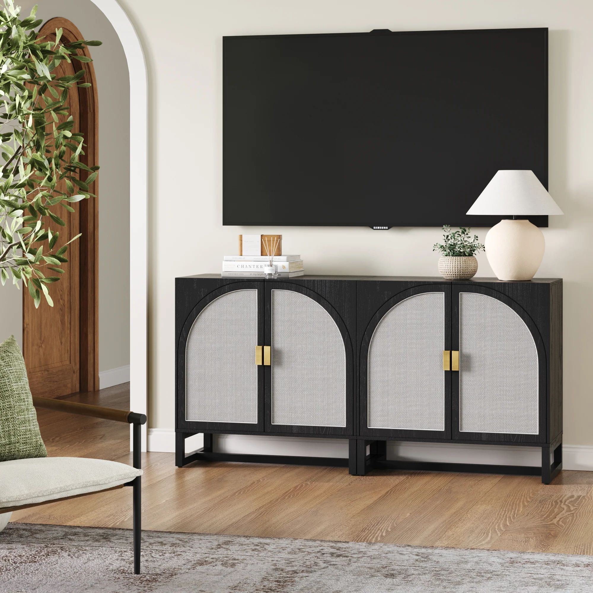 Rattan Arched Storage Cabinet Credenza Black (Set of 2) - Image 3