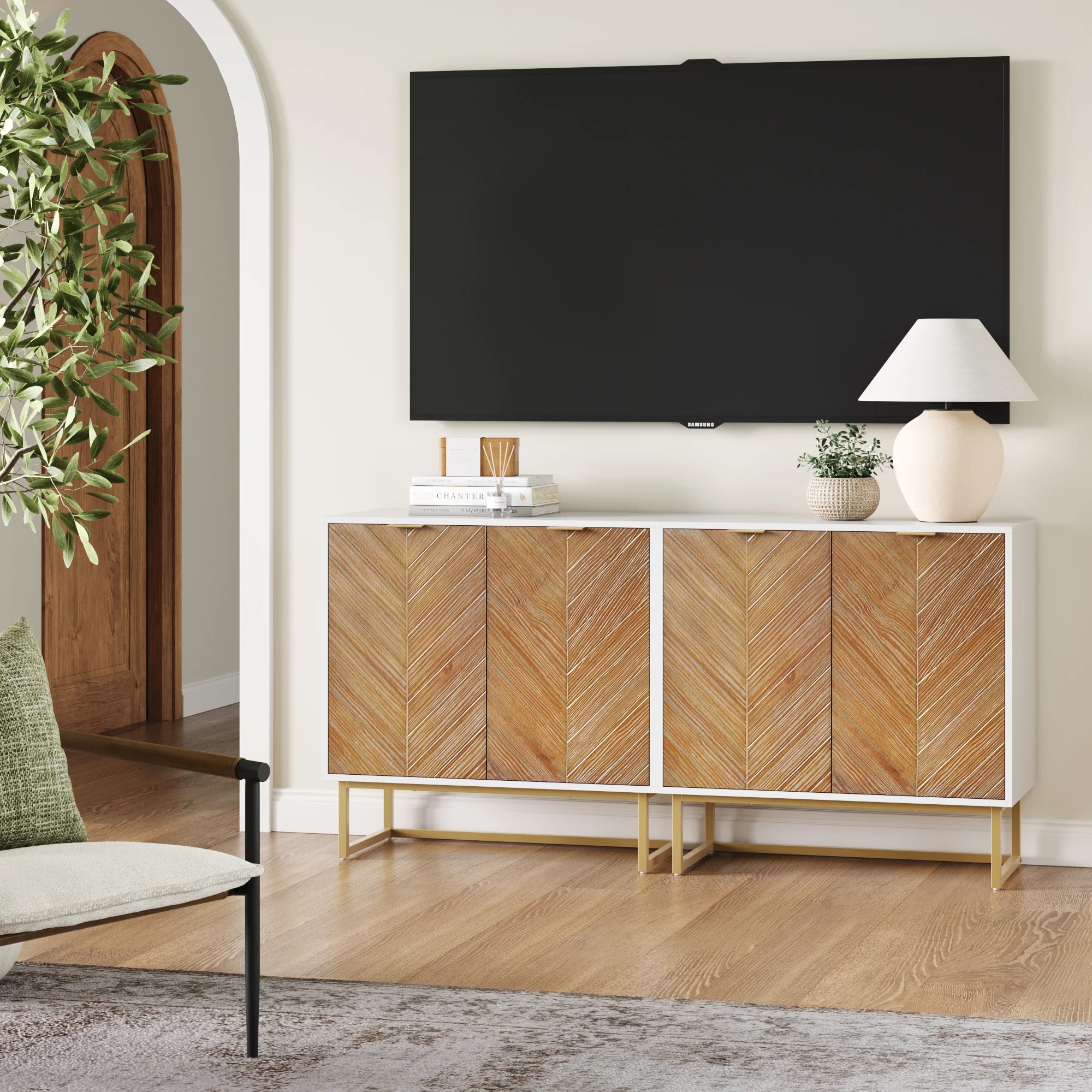 Wood Herringbone Storage Cabinet Credenza White (Set of 2) - Image 3